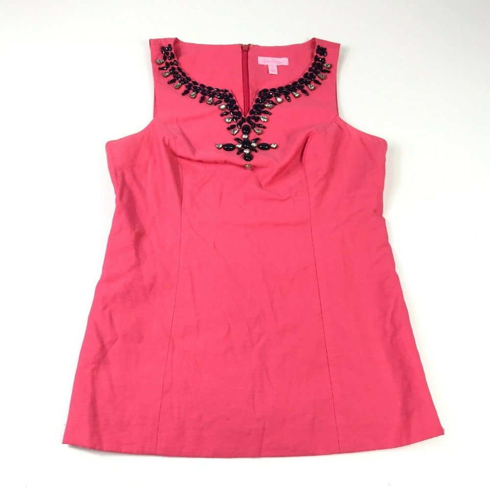 Lilly Pulitzer Blouse Pink Jeweled Neck V-Neck Top Womens Size 4
